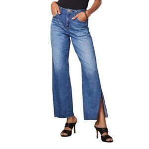 Evereve Ever Slouchy Jeans Size 24 Blue Dark Rinse Slit Distressed Hem Denim NEW